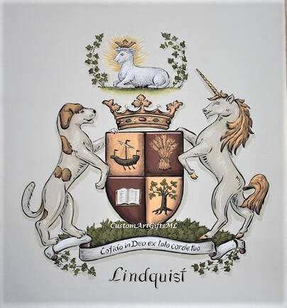 Custom family crest painting with shield supporters dog and unicorn 