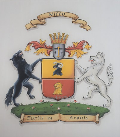 Nicco Coat of Arms with wolf shield supporters