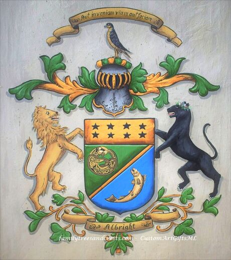 Custom family crest painting with shield supporters lion and panther