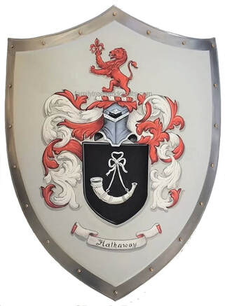 Hathaway Coat of Arms shield, medieval knight shield w. horn and lion