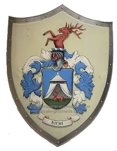Family Coat of Arms Hirzel -  medieval knight shield with stag