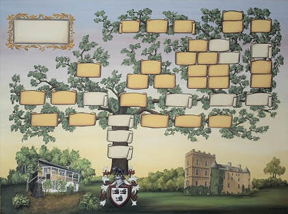 Family tree painting with Scottish castle , Coat of Arms and cabin