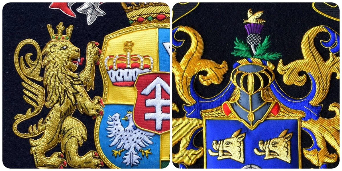Hand embroidered family crest detail picture