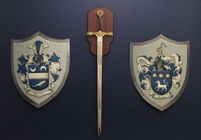 Knight shields w. sword, husband & wife coat of arms shield