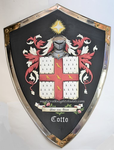 Cotto Family Coat of Arms shield 26 x 36 inch with ​ brass corner  decor