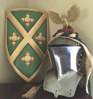 Wooden medieval knight shield with helmet display