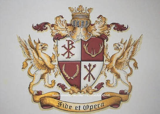 Novelty family crest painting w. shield supporters