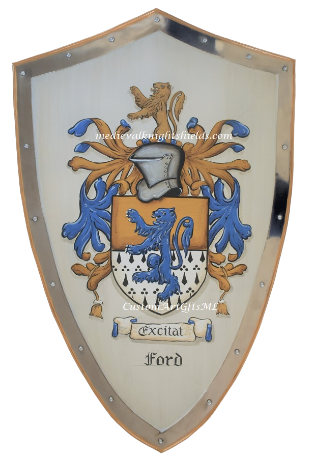 Metal knight shield with poem, airforce logo and fleur de lis