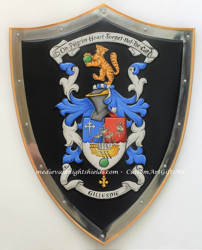 Gillespie Coat of Arms knight shield on black