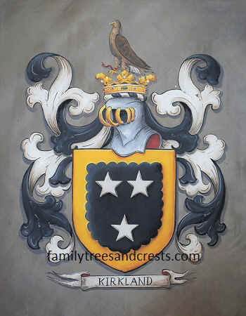 Coat of Arms painting on leather with family crest Kirkland / Kirtland 