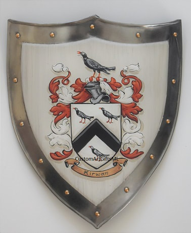 Metal shield with Kirwan family crest 