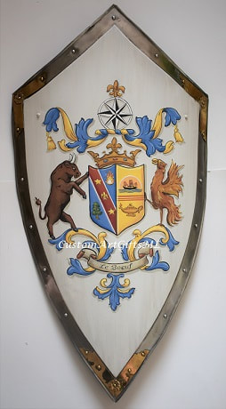 Custom designed family crest shield w. bull and phoenix shield supporters