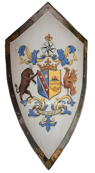 Custom designed family crest shield w. bull and phoenix shield supporters