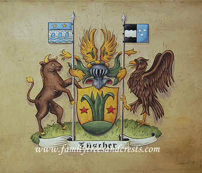 Luescher Coat of Arms painting with bull and eagle