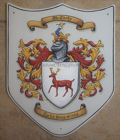 Metal house plaque 14,5 x 18 inch w. Mc Carty  family coat of arms painting