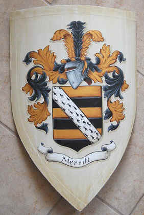 Wooden medieval knight shield with family crest Merritt