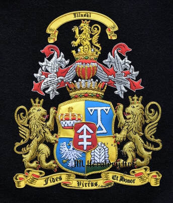 Family crest embroidery with shield supporters