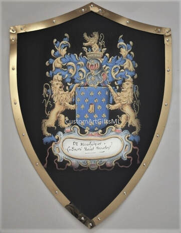 Coat of Arms with lion supporter -  shield w. brass border