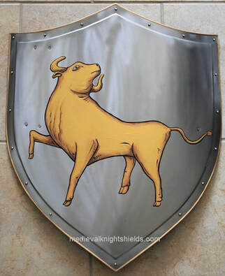 Metal school knight shield with golden bull