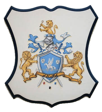 Company Coat of Arms Logo with lion shield supporters