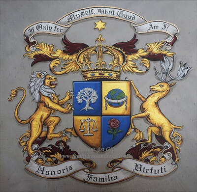 Coat of Arms on leather w. lion and stag shield supporters