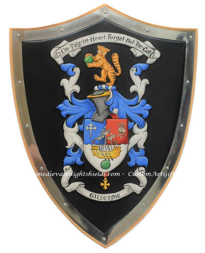 Gillespie Coat of Arms knight shield on black