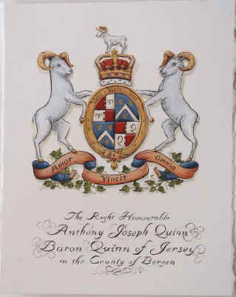 Quinn Coat of Arms shield w. ram supporters