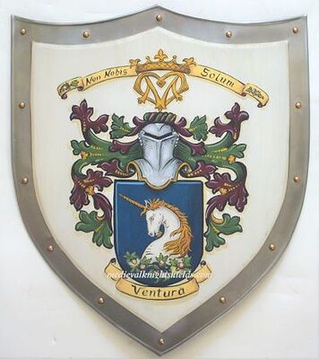 Custom metal knight shield - hand painted Initials and unicorn