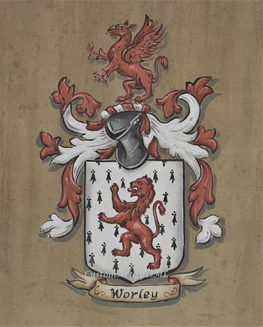 Worley family coat of arms hand painted on leather